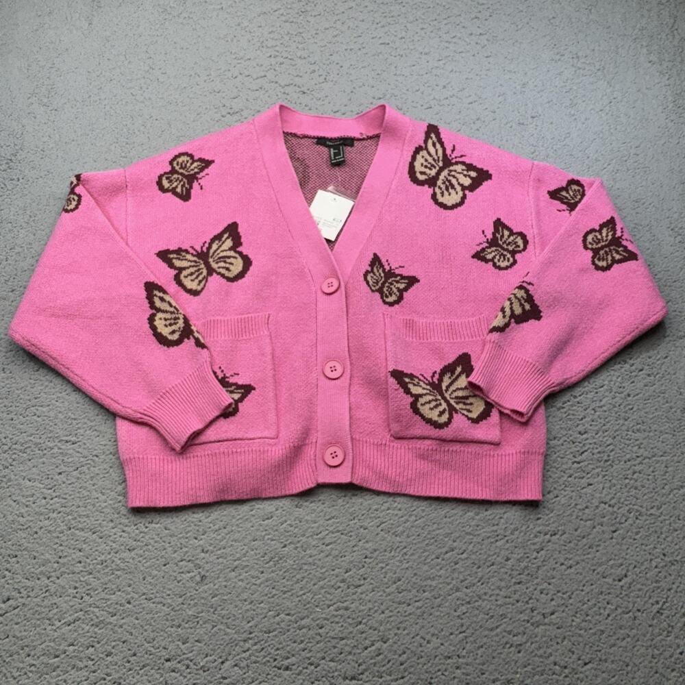 Forever 21 Sweater Cardigan Womens Small Pink Butterfly Button Front Pockets